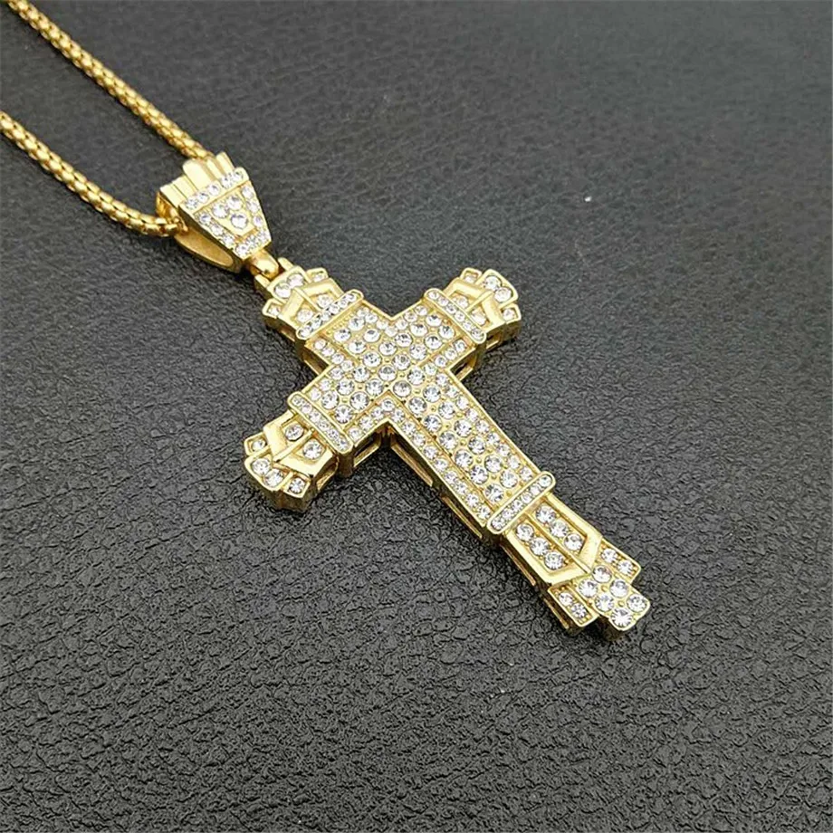 Религиозный золотой цвет Iced Out Bling большой подвесной крест с распятием из нержавеющей стали ожерелье с крестом из стразов для мужчин ювелирные изделия