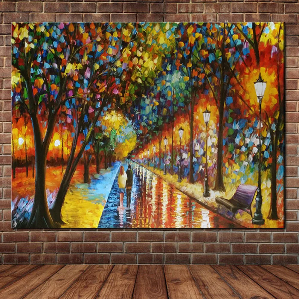 

Hand Painted Modern Palette Knife Park Street Lamp Landscape Oil Painting On Canvas Couples Wall Pictures Living Room Home Decor