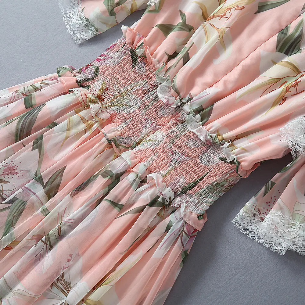 Европейское дизайнерское женское платье для подиума летнее элегантное розовое платье с оборками и цветочным принтом кружевной шифоновый лоскут Плиссированное длинное платье