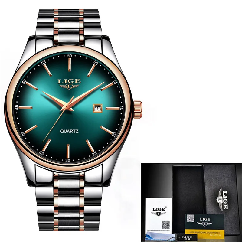LIGE новые мужские s часы лучший бренд класса люкс полный стальной Бизнес Кварцевые часы мужские фитнес спортивные водонепроницаемые часы Relojes Hombre+ коробка - Цвет: S rose gold green