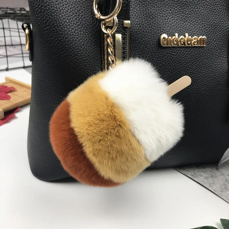 

real rex rabbit fur handbag pendant ice cream colorful fur key chain plush fluffy soft fur pom pom popsicle fur key chain