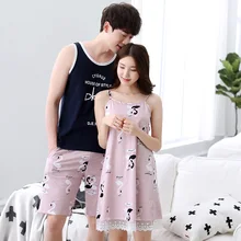 Новинка; сезон лето; Коллекция года; хлопковый жилет; пижамный комплект для пар с милым рисунком; Повседневная Пижама без рукавов для мужчин и женщин; кружевная ночная рубашка на бретельках; одежда для сна