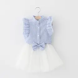 Новый корейский Falbala с рукавами-крылышками Рубашка в полоску + лук костюм с газовой юбкой детская 2 шт. Наборы для ухода за кожей
