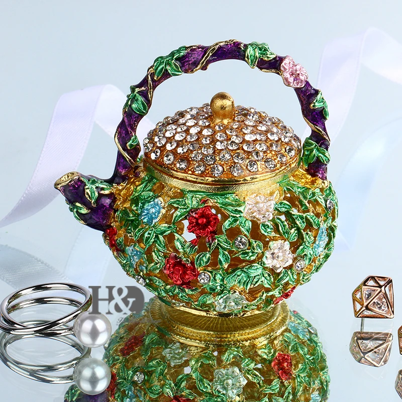 

H&D 4.7inch Colorful Flower Teapot Trinket Box Hinged Mini Hand-painted Figurine Collectible Ring Holder Gift for Ladies/Girls