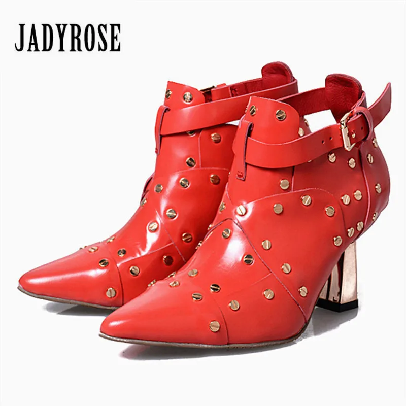 

Jady Rose Rivets Studded Red Genuine Leather Women Ankle Boots Pointed Toe High Heels Women Pumps Wedding Shoes Valentine Shoe