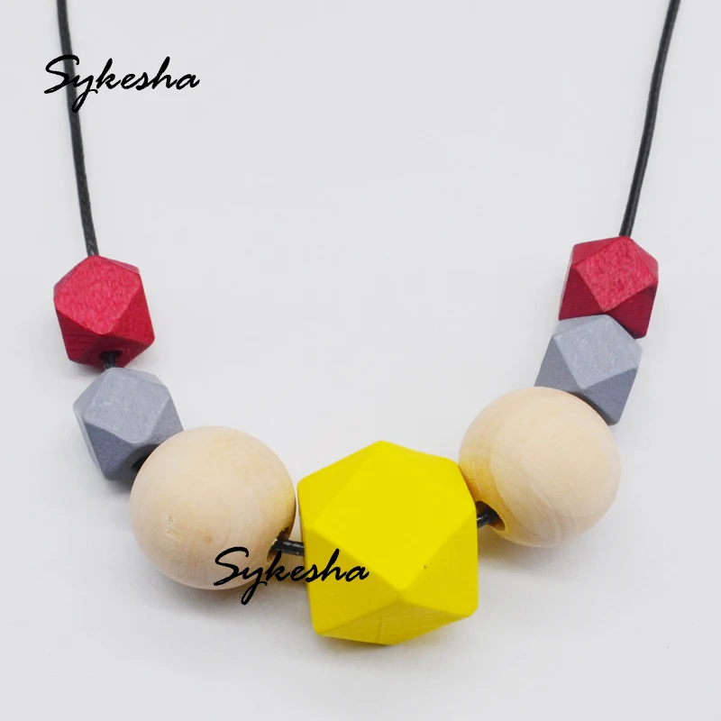  New Hot Selling Wood Geometric Beaded Necklace Chunky Faceted Wooden Beads Wax Cord Colorful Charm Statement | Украшения и