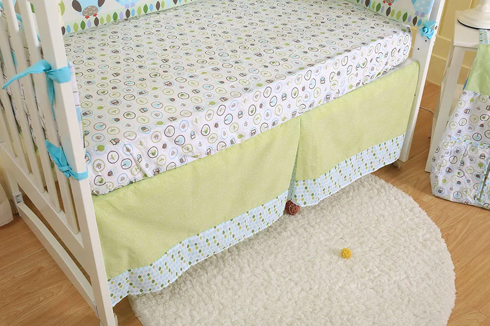4 шт., набор постельного белья для новорожденных, с вышивкой, детская кроватка, бампер, Комплект постельного белья, ткань, хлопок, мультяшный принт, Сова на дереве, для мальчиков и девочек, синий цвет