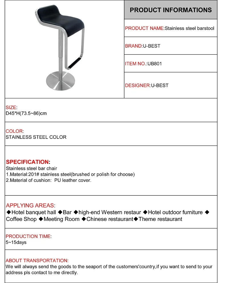 Бесплатная доставка U-лучший полностью черный couter барный стул нержавеющая сталь базы барные стулья, Реплика из нержавеющей стали Лем