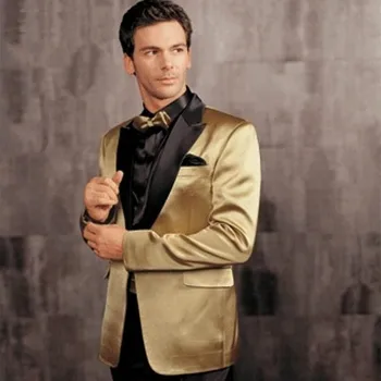 

Gold Jacket Black Pants Groom Tuxedos Peak Lapel Groomsman Men Wedding Suits One Button Bridegroom suit (Jacket+Pants+Bow Tie)