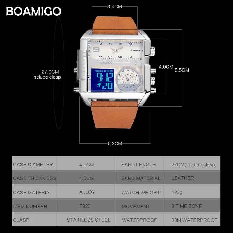 Dropshipping BOAMIGO brand men 3 time zone watch man sport digital watches brown leather military q