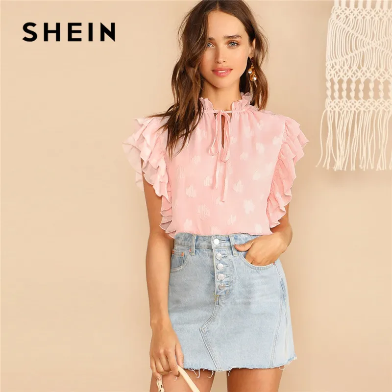 SHEIN Pink Frill Tie Neck Textured Leaf Layered Ruffle Sleeve Blouse ...