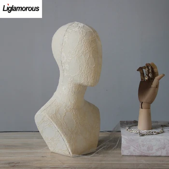 

Female Abstract Mannequin Head Display Hat Wig Scarves Headscarves Necklace Insertable Needle Foam Cloth Velvet Fabric Lacewhite