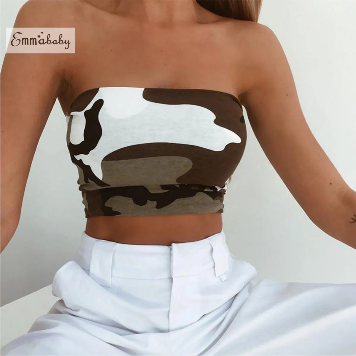 Женский Сексуальный Топ без бретелек Camo Bandeau, Женский Летний Эластичный укороченный Топ без бретелек, Майка без косточек