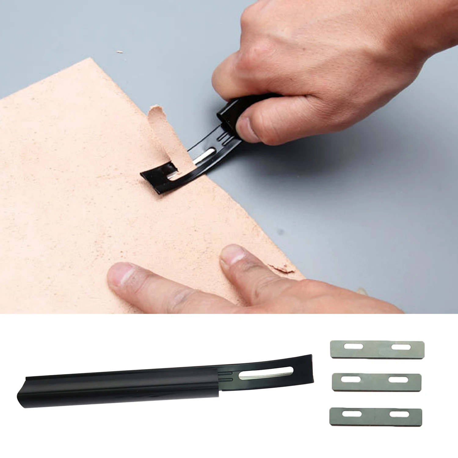 

Sharp Steel Curved Shape DIY Leather Thinning Skiver Beveler Knife Tool with 3PCS Replacement Blades for Professionals Beginners
