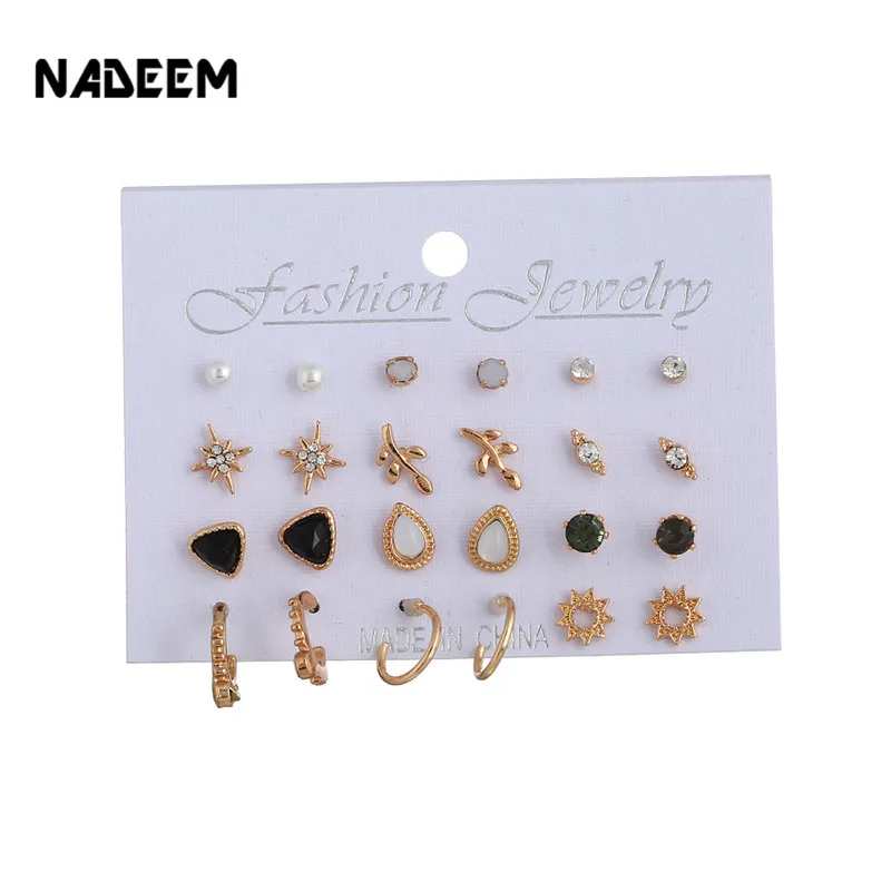 

NADEEM New 12Pairs/Card Vintage Gold Color Stud Earring Set Women Mix Crown Flower Water Leaf Pearl Crystal Earring Set Jewelry