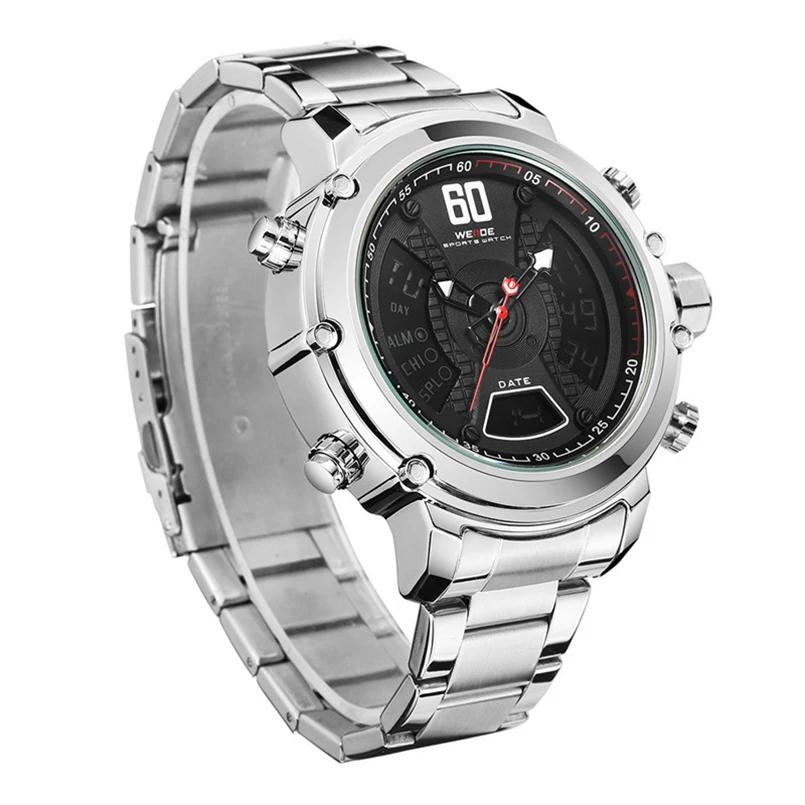 WEIDE fashion LCD Analog Digital Dual Display Quartz Men Sport Watch Business Stainless Steel Strap Wristwatches Multifunctional