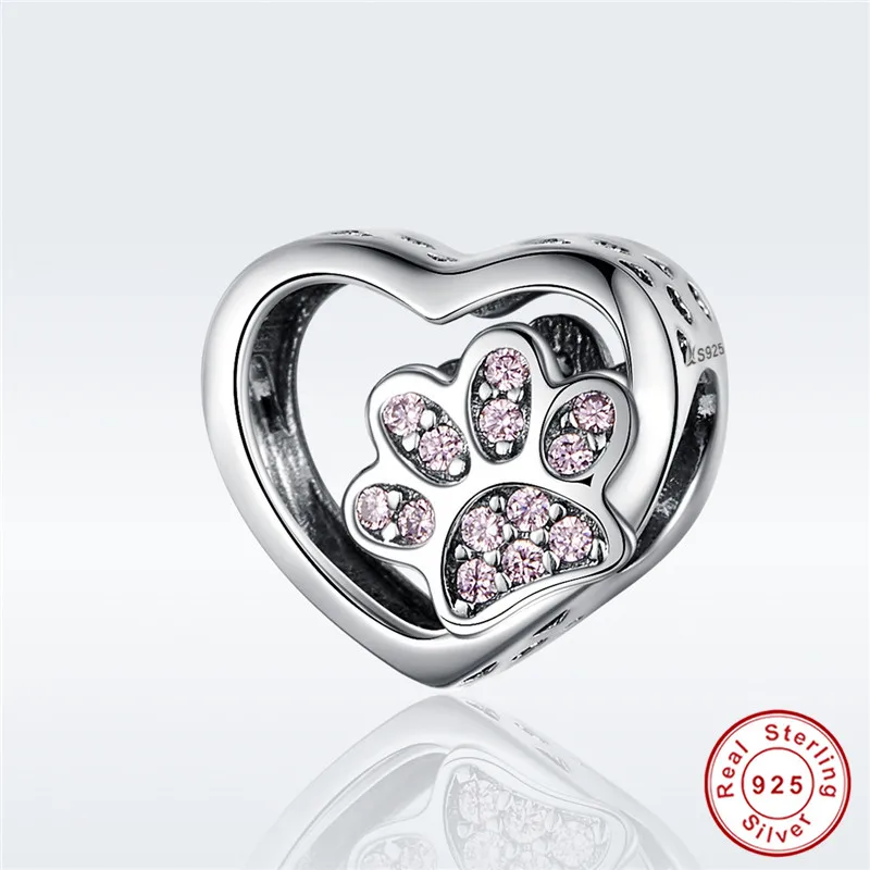 

fit Pandora Bracelet Original 925 Sterling Silver Cute Little Pink CZ Cat Claw Heart Charm S925 Pet Footprint Beads for Necklace