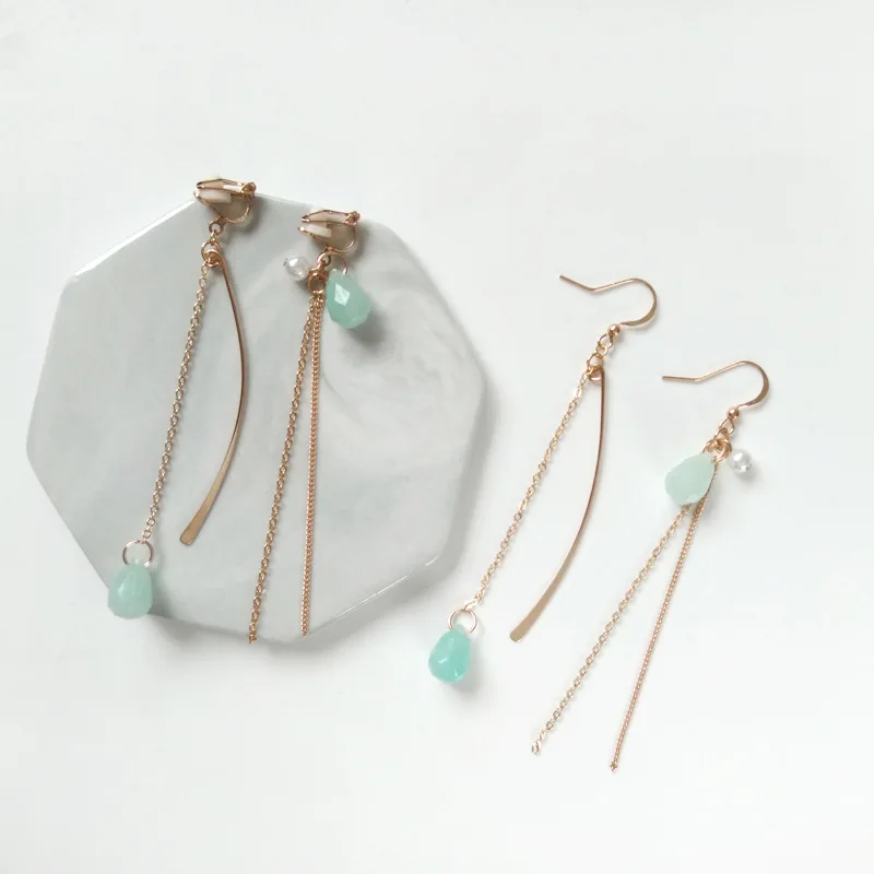 

Minimalist Simple Thin Metal Chain Tassel Line Thread No Hole Clip Earring Pearl Crystal Long Clips on Earrings for Women