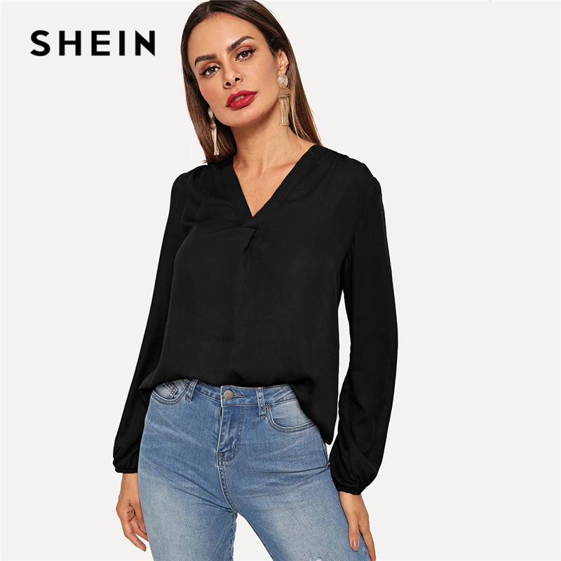 SHEIN Black V Neck Plain Top Workwear Long Sleeve Plain Minimalist