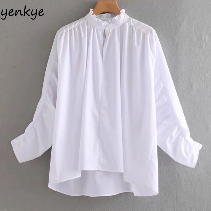 

Vintage Oversize White Blouse Shirt Women Ruched Long Sleeve High Neck Asymmetric Hem Streetwear Shirts Chemise Femme