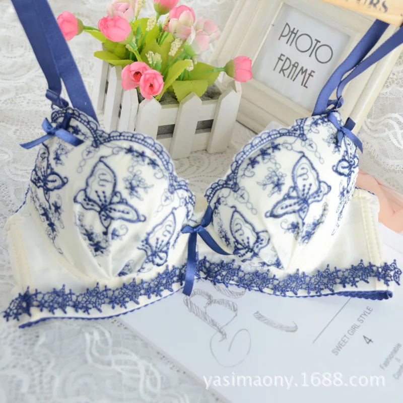 2018Japanese little lady butterfly embroidery bra set small padded bra