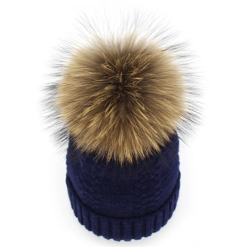 New winter wool knitted hat beanies with real mink fur pom poms Skullies natural raccoon Bobble Fur Pompom Pompon Hat caps