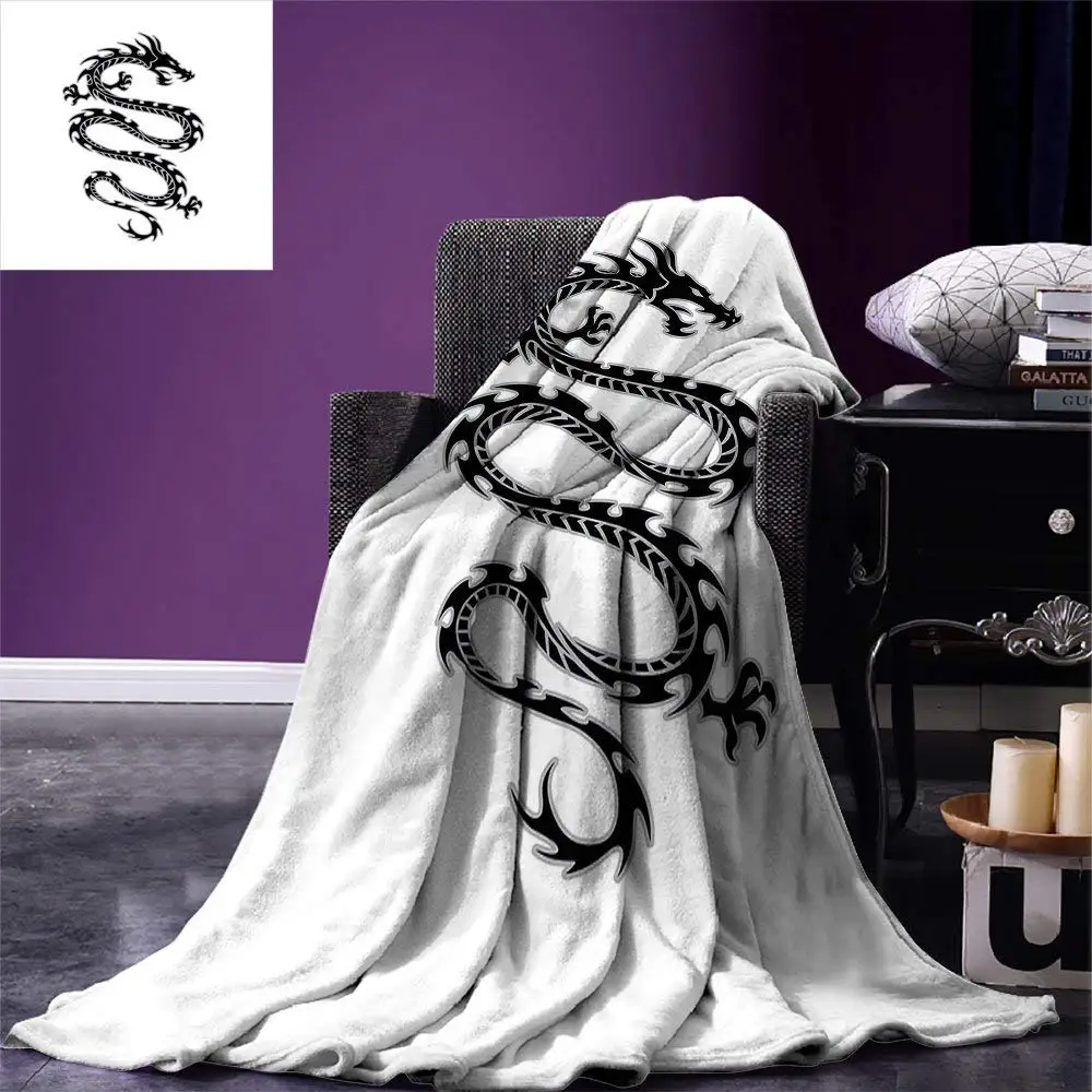 

Japanese Dragon Throw Blanket Black Silhouette Tribal Design Fantastic Medieval Serpent with Claws Warm Microfiber Blanket