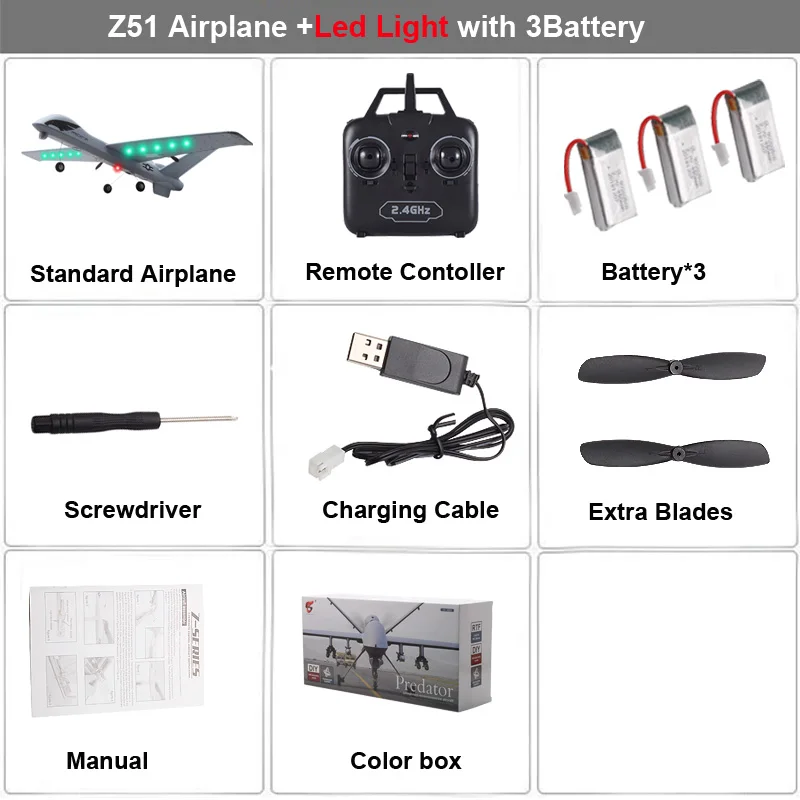 Радиоуправляемый самолет Z51 20 минут время полета планер 2,4 г Летающая модель с светодиодный ручной метание размах крыльев самолет из пеноматериала игрушки для детей - Цвет: LED Light 3B Box