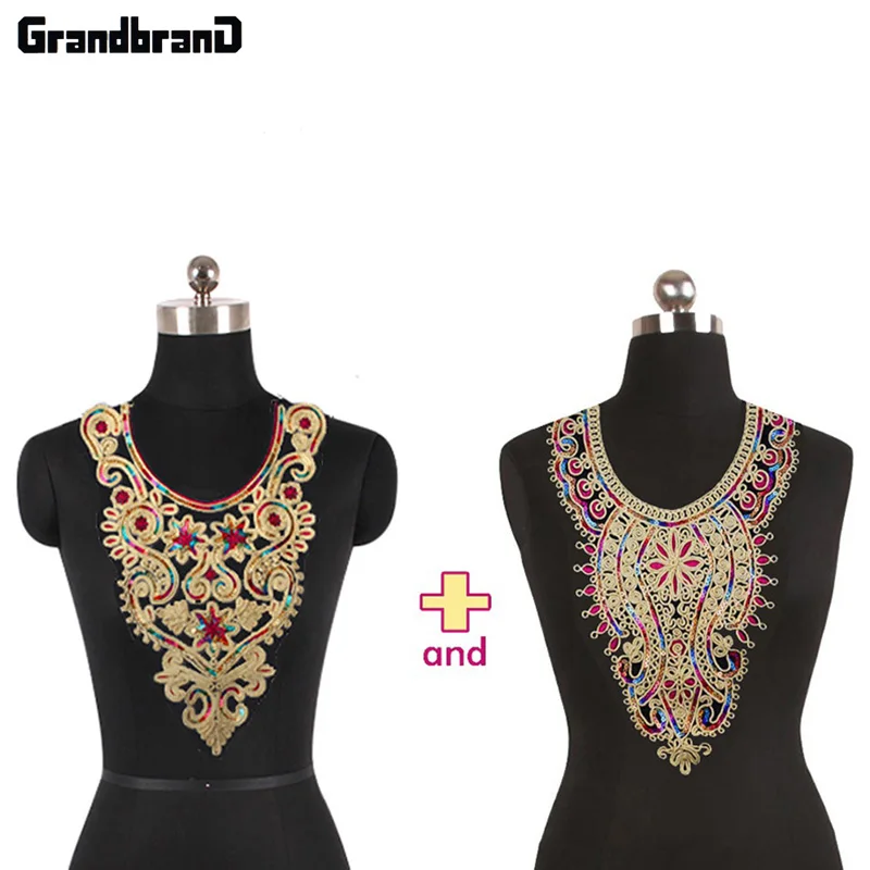 2piece Gold Metallic Lace Neckline Collar Sequin Embroidery Sew on Patches Fabric Applique | Дом и сад