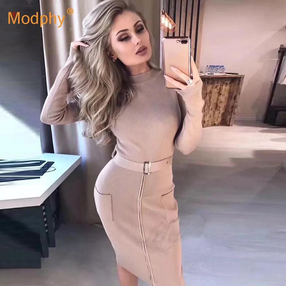 

2019 autumn winter new sexy women's midi dress long-sleeved bodycon belt dress fashion club celebrity party dress Vestidos