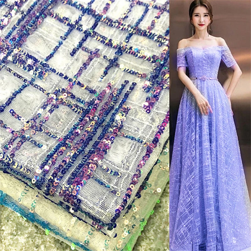 

1Yard Upscale Shining Sequins Lace Cloth Fabric Green/Blue Sequins Tulle Mesh Lace Evening Dresses Clothing DIY Craft 130* 91cm