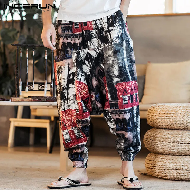 INCERUN 2022 Men Harem Pants Print Retro Drop Crotch Joggers Cotton Trousers Men Baggy Loose Nepal Style Men Casual Pants S-5XL high waisted harem pants