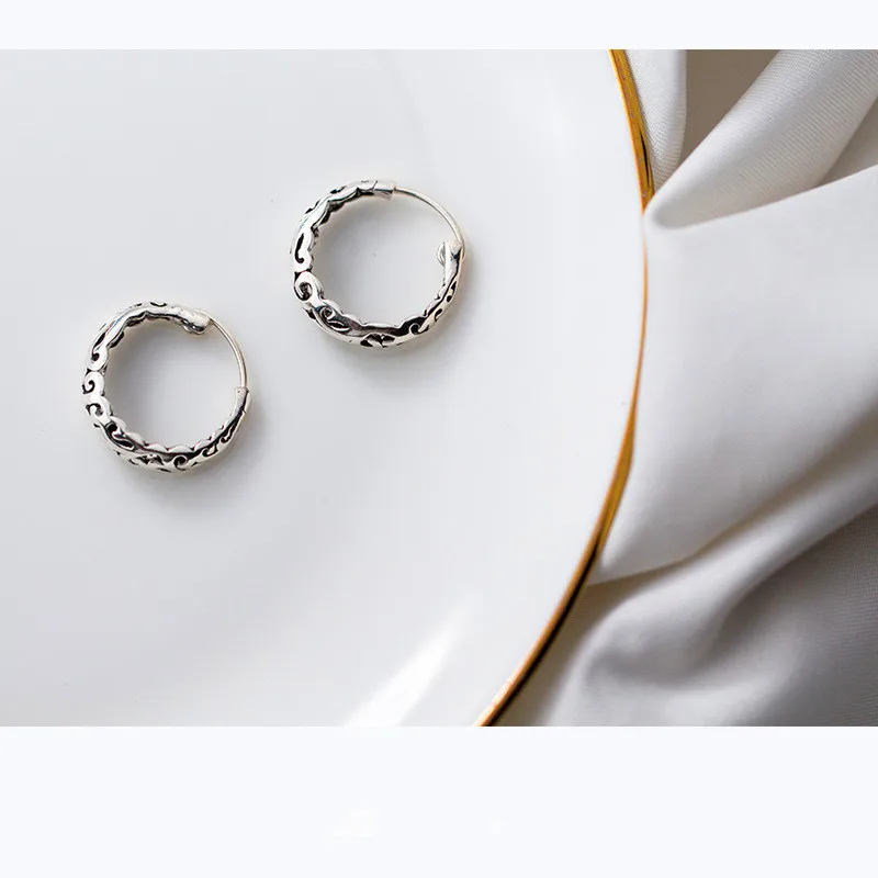 INZATT, настоящее 925 пробы, серебро, винтажные полые резные серьги-кольца цветок, этнические ювелирные изделия, модные женские серьги