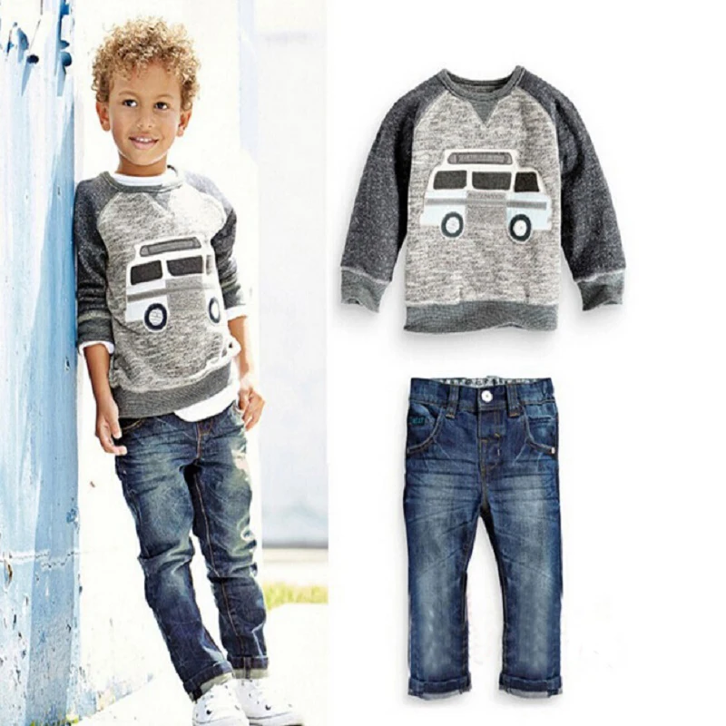 children set boys suit autumn outfit Americal Bus style cartoon long sleeve t-shirt+jeans 2 piece spring autumn kid boys clothes