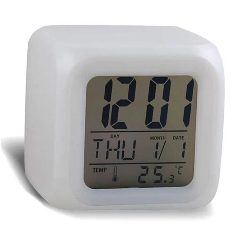 

Fashion Alarm Clock 7 LED Colors Changing Digital Alarm Clock Desk Gadget Digital Alarm Thermometer Night Glowing Cube LCD Clock