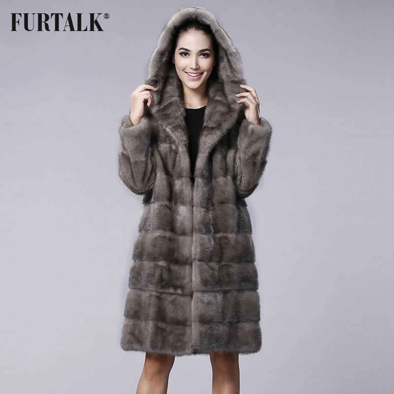 

FURTALK Winter Russian Women's Real natural hooded mink fur coat with Big Hood Mink Fur Coat