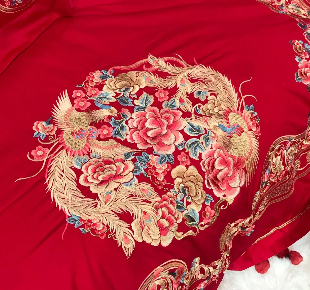 Waliicorners Egyptian Cotton Luxury Embroidery Red Wedding Bedding set Duvet cover Bed Sheets,Silky Ultra soft Queen King size 4/6/9- 36 IMG_1187