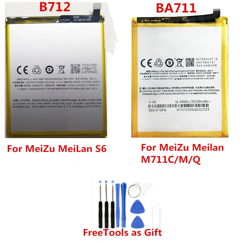 

BA712 BA711 phone built-in Original Lithium battery For Meizu Meilan S6 M712C/M/Q M711Q/C/M Replacement Batteries + Free Tools