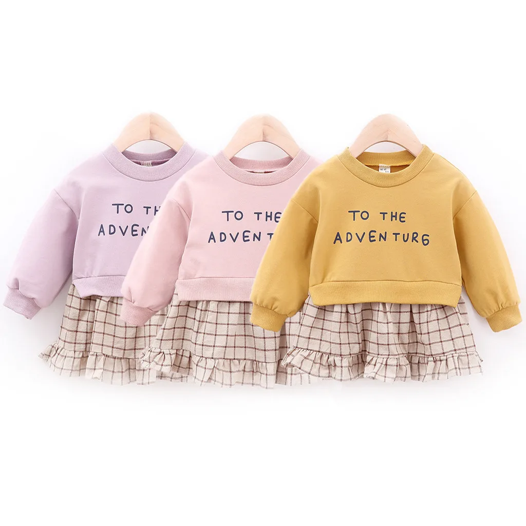 

Toddler baby girl clothes winter Letter Print Plaid Patchwork Casual long sleeve baby girls dress Princess Party Dress infant