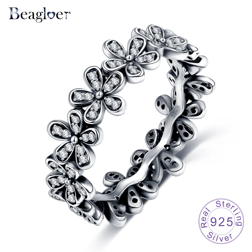 

Beagloer 925 Sterling Silver Flower Finger Rings Dazzling Meadow Stackable Ring Clear CZ For Women Wedding Jewelry PSRI0010-B