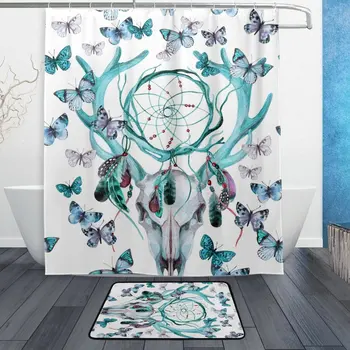 

Animal Deer Skull Shower Curtain and Mat Set, Ethnic Dreamcatcher Feathers Butterfly Waterproof Fabric Bathroom Curtain