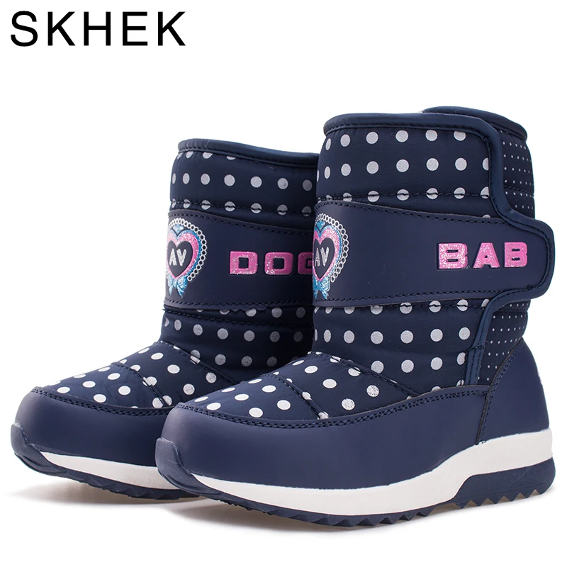 

SKHEK Children Winter Ankle Plush Boots Unisex Round Toe Flat With Snow Boots For Girls Rubber Hook Loop Rubber Shoes B1712