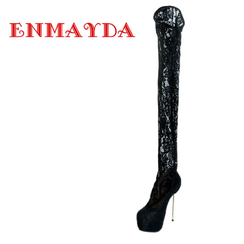 ENMAYDA Super High Heels Round Toe Platform Zip Genuine Lace Black Shoes Women Fashion Style Summer Sexy Long Boots for Party