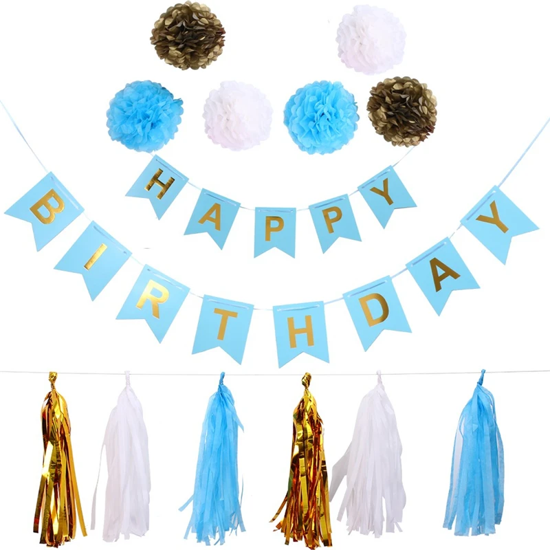 Happy Birthday Banner Gold Tassel Garland Pompom Kids Birthday Party Decorative Supplies Party Festival Decorations Party Favors (10)