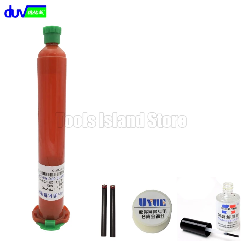 

TP2500 LOCA UV glue Optical Clear Adhesive 50g + Glue Remover Dispergator Screen glue + Golden Cutting Wire 50M + handle