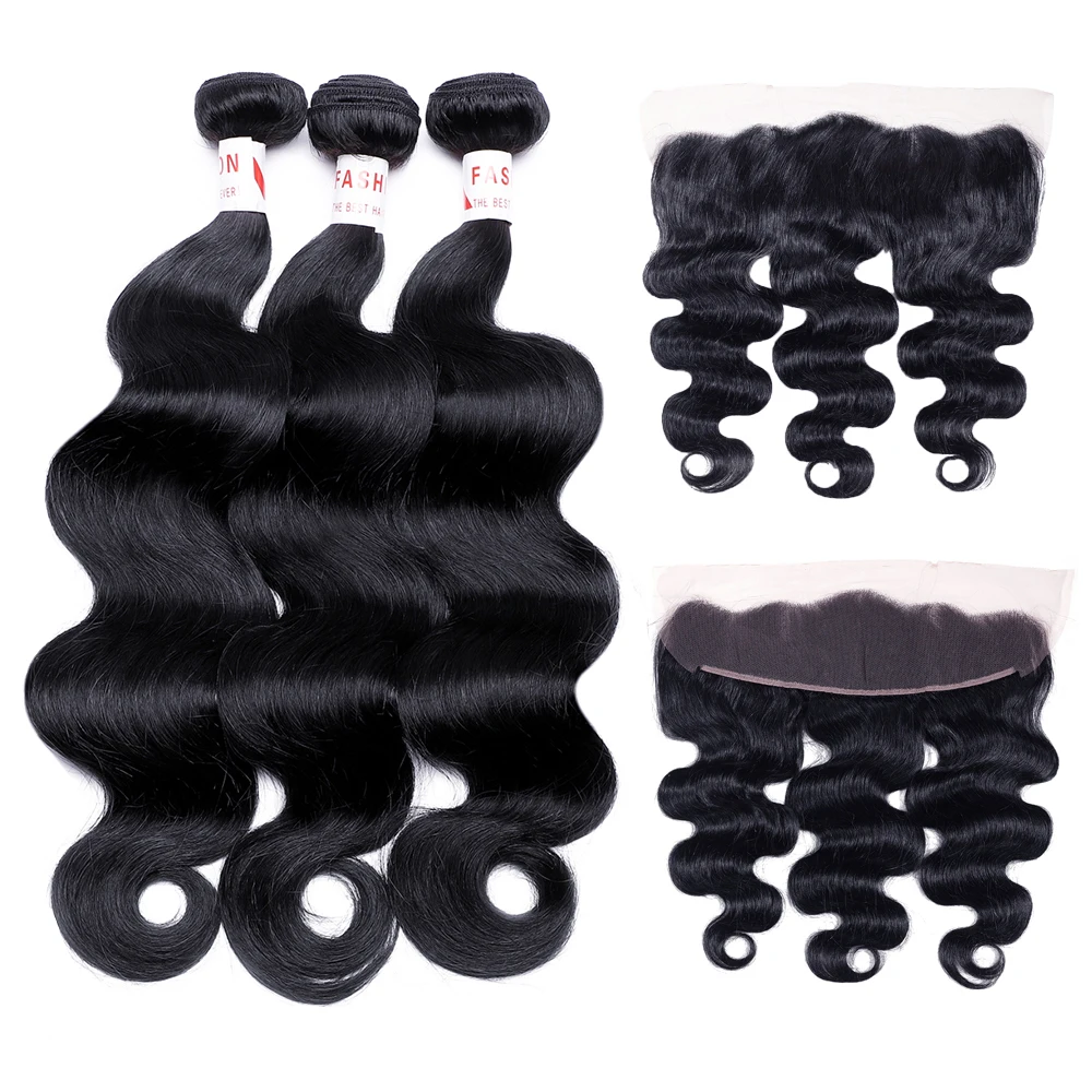 

Brazilian Body Wave Hair Bundles with Frontal 9A Remy 3/4 Bundles Deal Human Hair Weft with 13*4 Ear to Ear Lace Frontal Closure