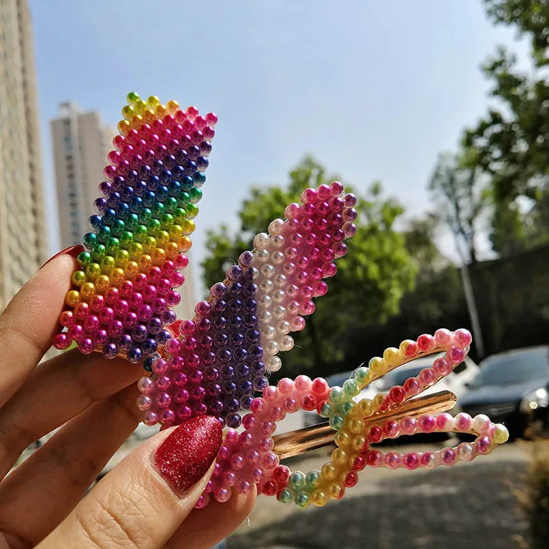 

Korean Style Women Girls Metal Alloy Hair Clips Rainbow Colorful Imitation Pearl Duckbill Hairpins Hollow Out Geometric Barrette