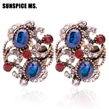 

SUNSPICE MS Turkish Vintage Resin Stud Earrings For Women Bridal Jewelry Antique Gold Color Round Crystal Indian Festival Bijoux