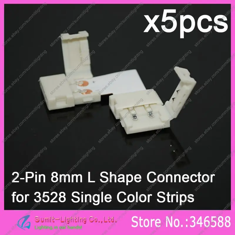 

5pcs/LOT 2Pin 2-Pin 8mm L-shape 2-Way PCB Corner Connector Solderless Adaptor with Clips for 3528 Single Color LED Strips