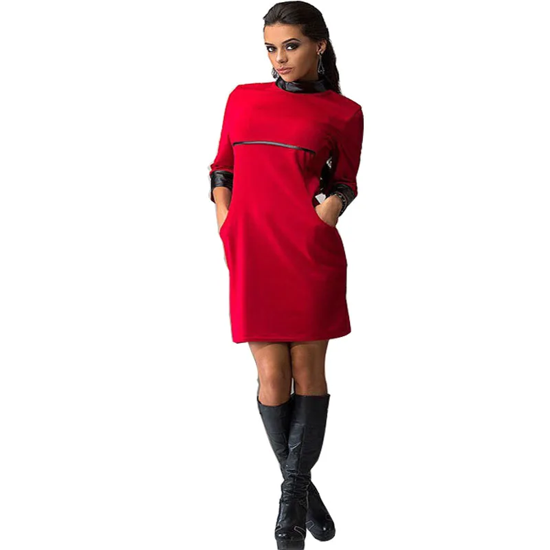 Wholesale vestidos new 2015 free shipping 3 colors Turtlenecks Spring and Summer dress fashion three quarte PU patchwork women dress Buy Cheap vestidos new 2015 free shipping 3 colors Turtlenecks Spring and Summer dress fashion three quarte PU patchwork women dress